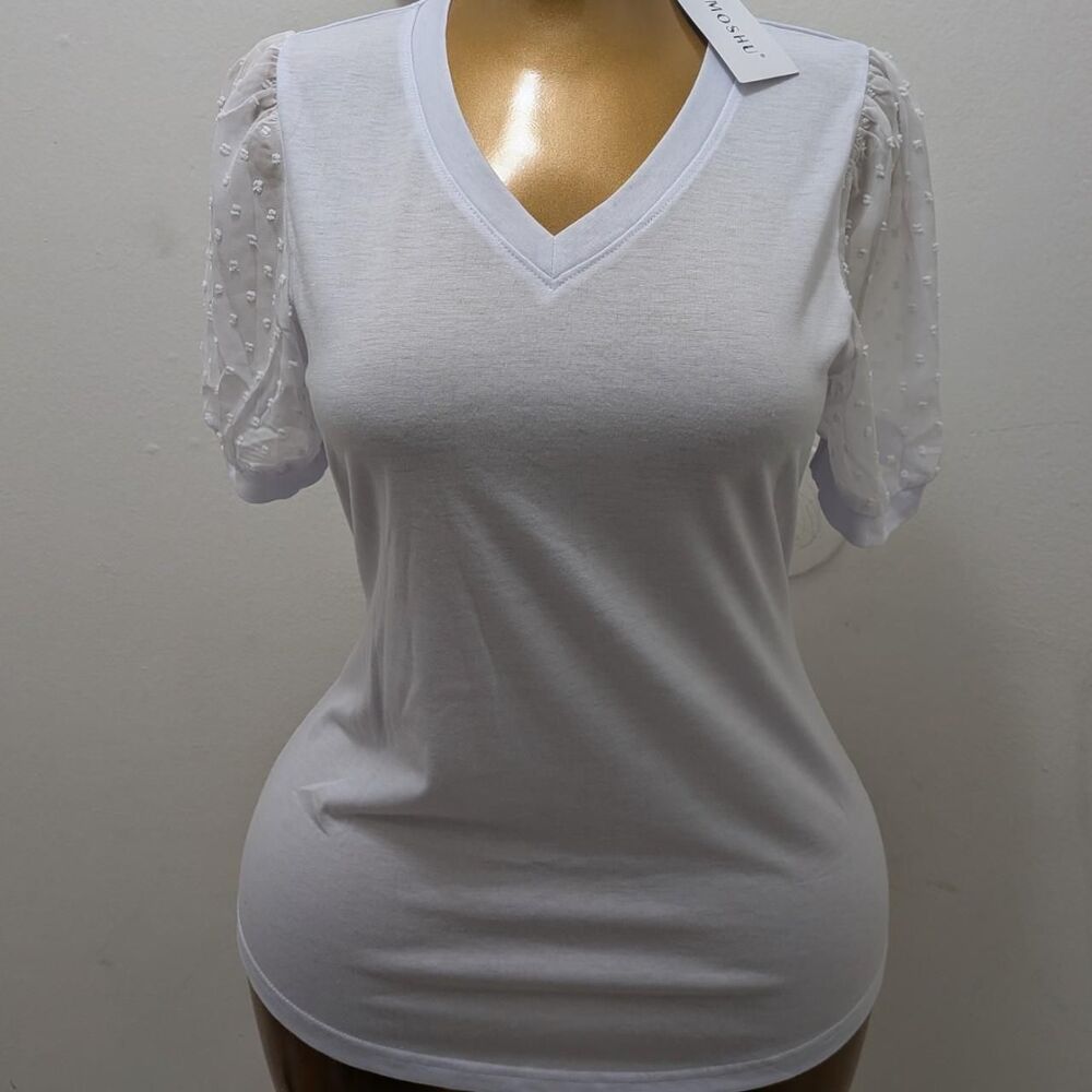 Moshulu White V Neck Top Sheer Puff Swiss Dot Short Sleeve S NWT
